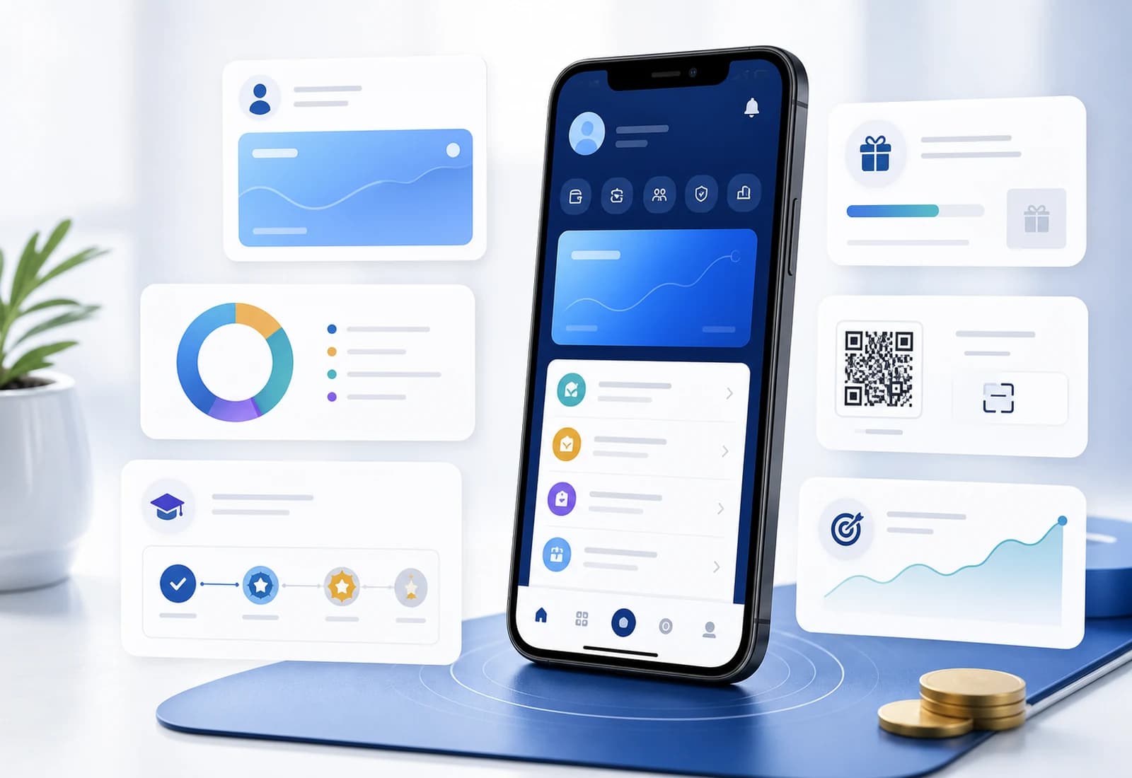 VowBank demo wallet concept with simulated balances, rewards, mock transactions, QR placeholder, and savings goal.