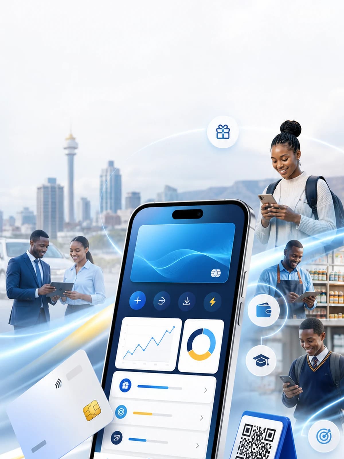 Mobile VowBank wallet hero with simulated wallet, rewards, QR payments, and savings concepts.