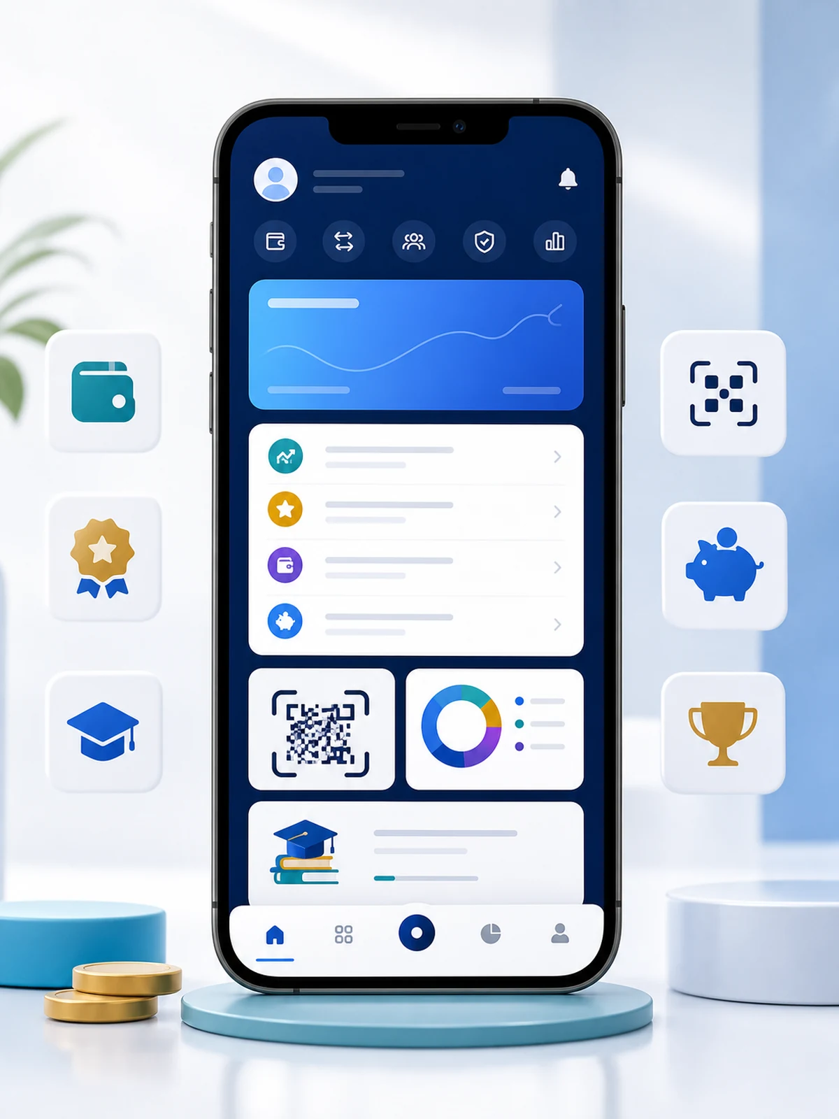 VowBank mobile app readiness concept with wallet, rewards, QR payments, savings, and financial education.