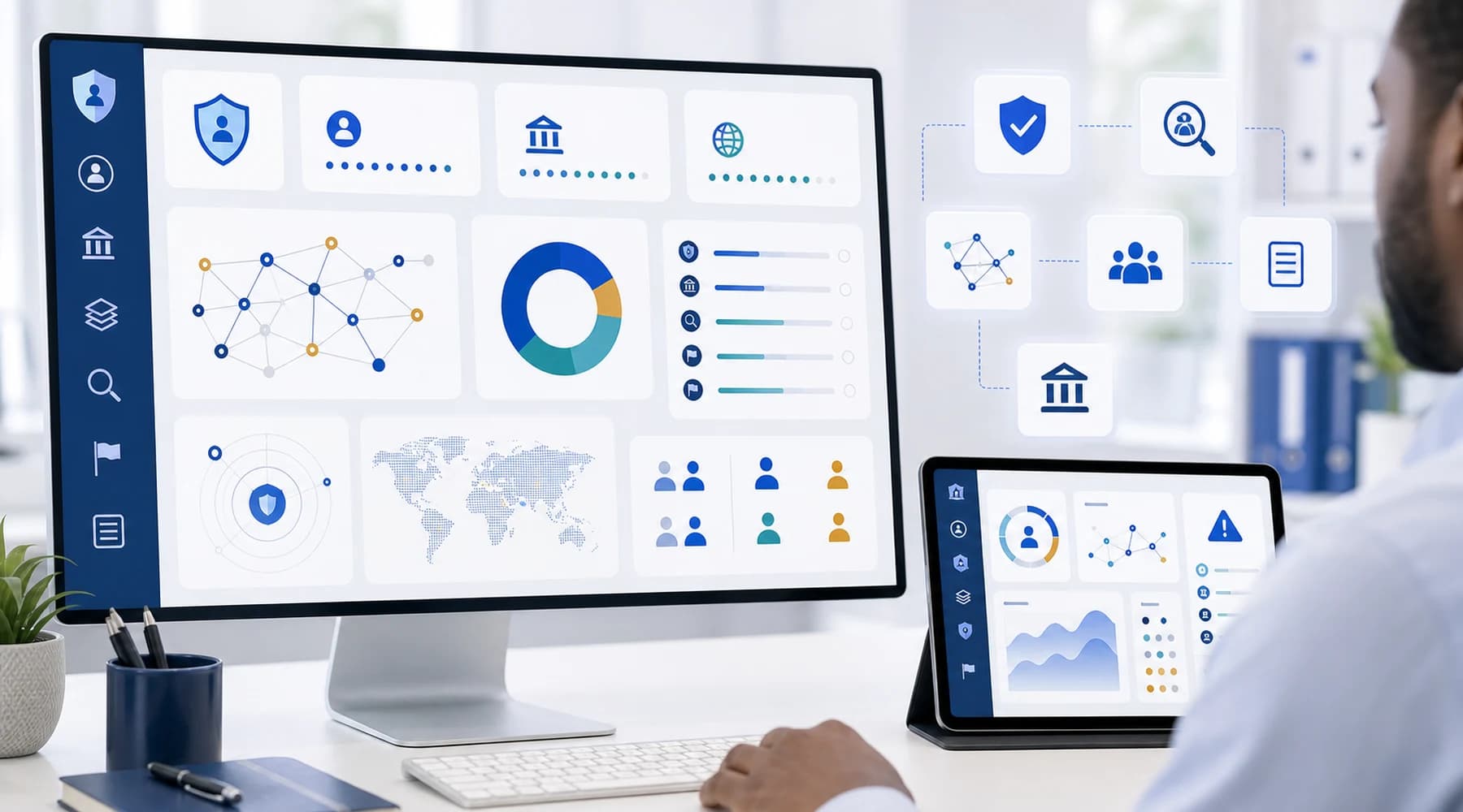 VowBank compliance operations concept for KYC, KYB, AML monitoring, sanctions screening, audit logs, and risk scoring.
